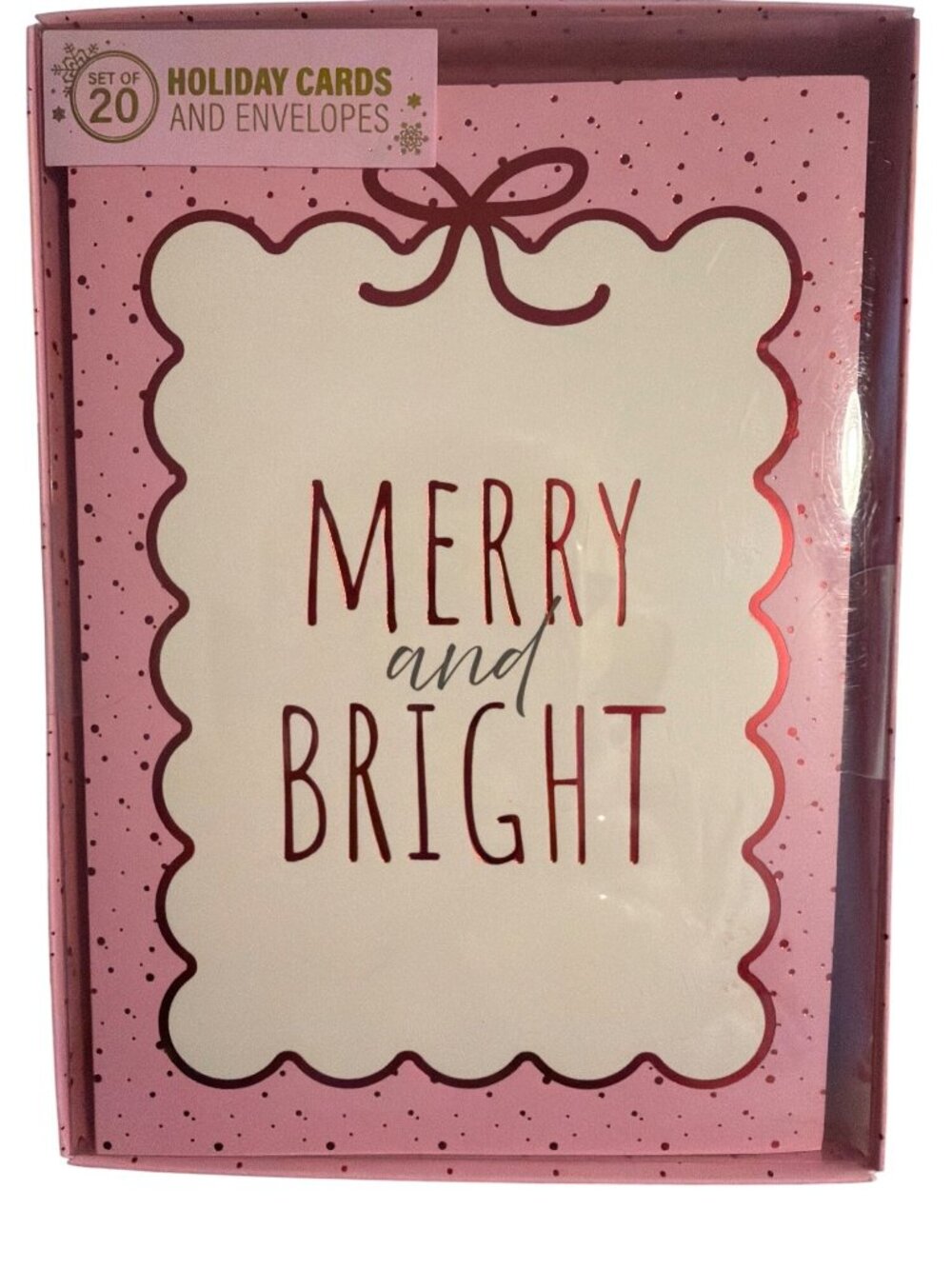 Set 20 Merry Bright Holiday Greeting Cards Envelopes Pink Red Bows Polka Dot NEW